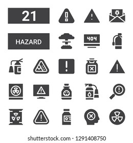 hazard icon set. Collection of 21 filled hazard icons included Radiation, Failure, Poison, Alert, Nuclear, Warning, Extinguisher, Error, Radioactivity, Attention, Landslide, Malware