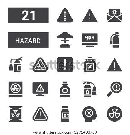 hazard icon set. Collection of 21 filled hazard icons included Radiation, Failure, Poison, Alert, Nuclear, Warning, Extinguisher, Error, Radioactivity, Attention, Landslide, Malware