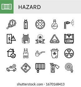 hazard icon set. Collection of Harmonic, Error, Overall, Forbidden, Poison, Fire hose, Risk, Radioactive, Hump, Laser, House on fire, Smoking pipe, Radiation, Slippery road icons
