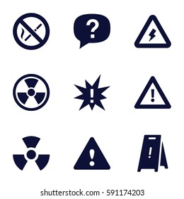 hazard icons set. Set of 9 hazard filled icons such as wet floor, warning, voltage warning, no smoking, radiation