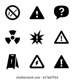 Hazard icons set. set of 9 hazard filled icons such as wet floor, warning, voltage warning, no smoking, radiation