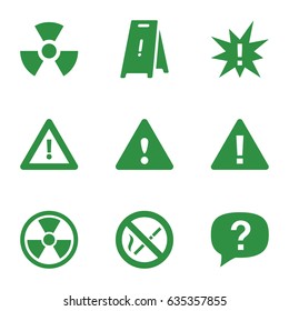 Hazard icons set. set of 9 hazard filled icons such as wet floor, warning, no smoking, radiation