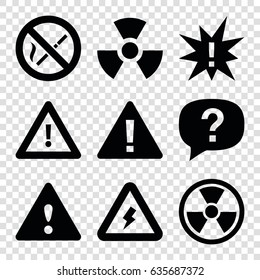 Hazard icons set. set of 9 hazard filled icons such as warning, voltage warning, no smoking, radiation