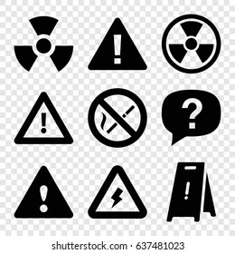 Hazard icons set. set of 9 hazard filled icons such as wet floor, warning, voltage warning, no smoking, radiation