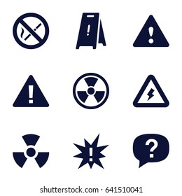 Hazard icons set. set of 9 hazard filled icons such as wet floor, warning, voltage warning, no smoking, radiation