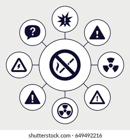 Hazard icons set. set of 9 hazard filled icons such as warning, voltage warning, no smoking, radiation