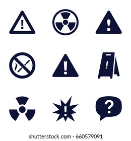 Hazard icons set. set of 9 hazard filled icons such as wet floor, warning, no smoking, radiation