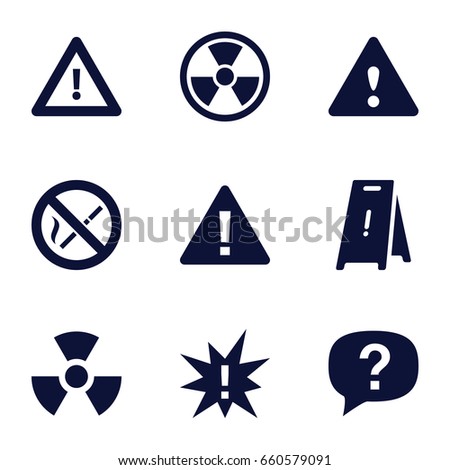 Hazard icons set. set of 9 hazard filled icons such as wet floor, warning, no smoking, radiation