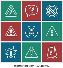 Hazard icons set. set of 9 hazard outline icons such as wet floor, warning, voltage warning, radiation, no smoking