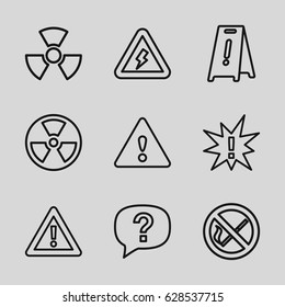 Hazard icons set. set of 9 hazard outline icons such as wet floor, warning, voltage warning, radiation, no smoking