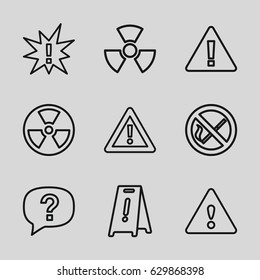 Hazard icons set. set of 9 hazard outline icons such as wet floor, warning, radiation, no smoking