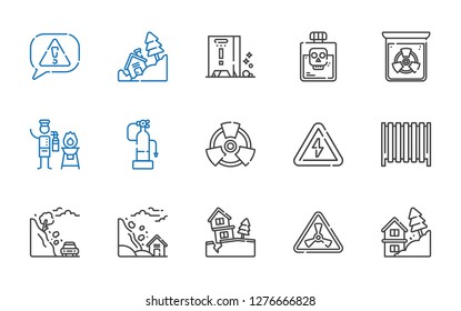 hazard icons set. Collection of hazard with landslide, nuclear, radiator, high voltage, radiation, fire extinguisher, poison, wet floor, risk. Editable and scalable hazard icons.