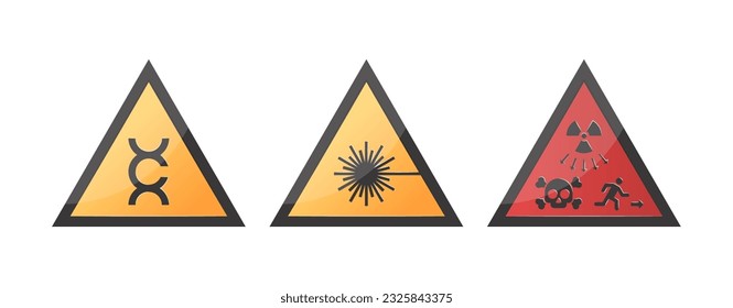 Hazard icons, yellow triangle warning signs. Carcinogen, laser hazard, ionizing radiation high level source symbols. Vector illustration isolated on a white background.