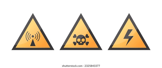 Hazard-Symbole, gelbe Dreieckswarnzeichen. Nichtionisierende Strahlung, Gift, Hochspannungssymbole. Vektorgrafik einzeln auf weißem Hintergrund.