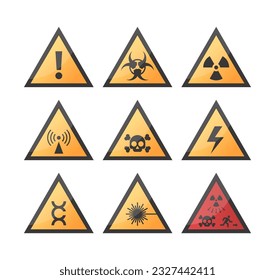 Hazard icons, yellow triangle warning symbols. Set of safety signs. Vector illustration isolated on a white background.