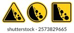 Hazard landslide sign. Yellow triangle, circle, icon, symbol, logo, label isolated on white background. Falling rocks sign warning sign. Traffic signs and symbols. Vector illustration
