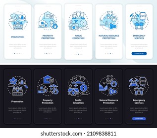 Hazard mitigation night and day mode onboarding mobile app screen. Evacuate walkthrough 5 steps graphic instructions pages with concepts. UI, UX, GUI template. Myriad Pro-Bold, Regular fonts used