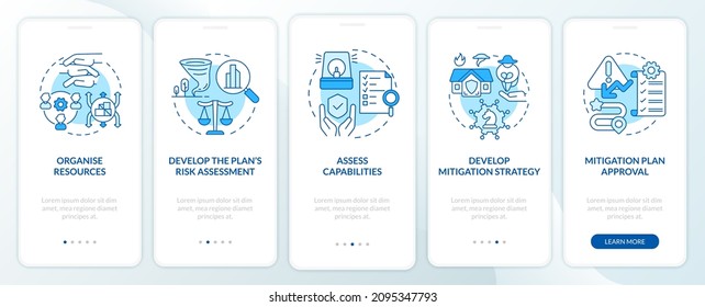 Hazard mitigation steps blue onboarding mobile app screen. Reduce threat walkthrough 5 steps graphic instructions pages with linear concepts. UI, UX, GUI template. Myriad Pro-Bold, Regular fonts used