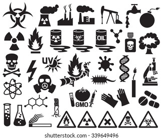 hazard, pollution and danger icons set (barrels with nuclear waste, gas mask, cigarette, DNA, dynamite, explosion, factory, biohazard, radiation sign, pipeline)