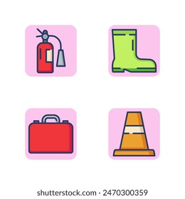 Hazard precautions and protective equipment line icon set. Gas mask, signal cone, first aid kit, safety boots. Workwear and protection concept. Vector illustration for web design and apps