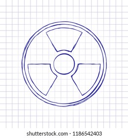 hazard, radiation. simple silhouette. Hand drawn picture on paper sheet. Blue ink, outline sketch style. Doodle on checkered background