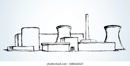 Hazard radiation smog storage built on white backdrop. Outline black ink hand drawn big waste engineer logo pictogram design in modern art doodle cartoon style on paper text space. Line landscape view