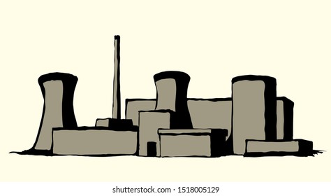 Hazard radiation smog storage built on white backdrop. Outline black ink hand drawn big waste engineer logo pictogram design in modern art doodle cartoon style on paper text space. Line landscape view