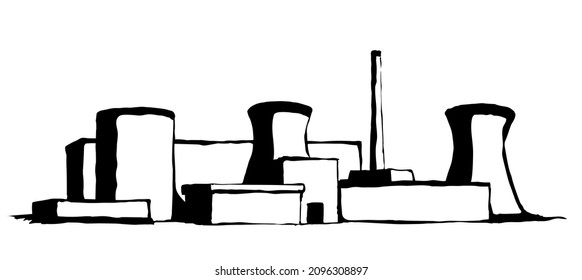 Hazard radiation smog storage built on white backdrop. Outline black ink hand drawn big waste engineer logo pictogram design in modern art doodle cartoon style on paper text space. Line landscape view