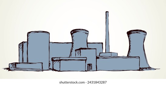 Hazard radiation smog storage built on white backdrop. Outline black ink hand drawn big waste engineer logo pictogram design in modern art doodle cartoon style on paper text space. Line landscape view