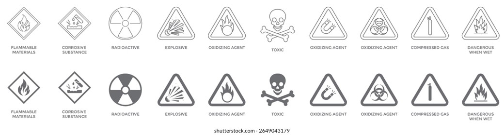 Hazard and safety warning signs: line and filled icons depicting dangerous materials, chemicals, and workplace environment symbols for industrial safety.