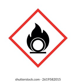 Sinal de perigo gás oxidante com armação de losango vermelho. Rótulo de advertência, substâncias comburentes. 