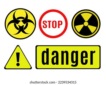 Hazard signs: chemical, radiation and other dsnger, limiting signs of various forms and content