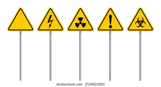 Hazard signs on metal poles. Danger alert yellow triangle traffic marks vector set. Caution, attention, warning, electric, radiation, bio signs icons.