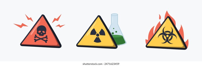 Hazard signs set. Biohazard and radiation warning, caution symbols with skull, toxic, nuclear, flammable and chemical hazard. Safety alert vector set of danger biohazard sign, nuclear or radioactive