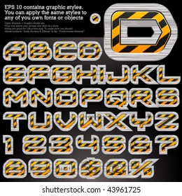 Hazard stripes characters. File contains graphic styles available in the Illustrator 10 + You can apply the styles to any of you own fonts or objects