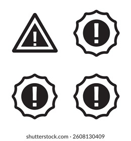 Hazard symbol in black and white color with exclamation symbol in different shapes stroke style. Caution symbols set with exclamation mark in various shapes. Danger warning icon set.
