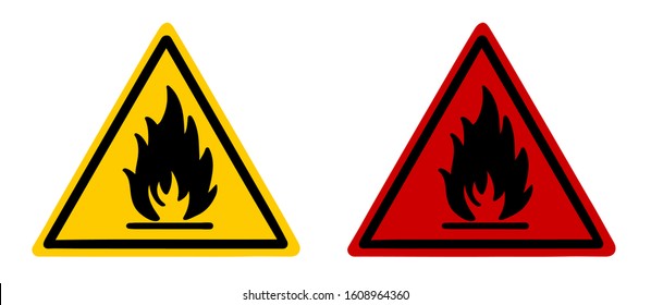 Hazard symbol fire safety warning sign. Yellow and red fire sign vector illustration.