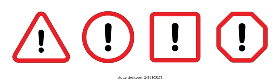 Hazard symbol in red and black color with exclamation symbol in different shapes stroke style. Caution symbols set with exclamation mark in various shapes. Danger warning icon set.
