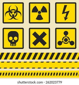 Hazard symbol. Warning signs. Vector icon set. Seamless tape.