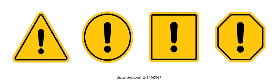 Peligro en color amarillo con signo exclamatorio negro en diferentes Formas. Símbolos de precaución establecidos con un signo de exclamación en varias Formas. Icono de advertencia de peligro activado.