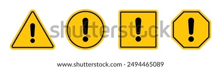 Hazard symbol in yellow color with black exclamatory symbol in different shapes. Caution symbols set with exclamation mark in various shapes. Danger warning icon set.