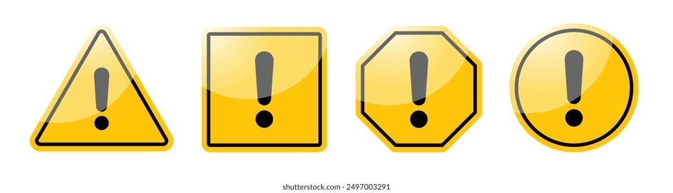 Hazard symbol in yellow color with exclamation symbol in shiny glossy style in different shapes. Caution symbols set with exclamation mark in various shapes. Danger warning icon set.