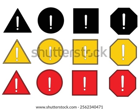 Hazard symbol in yellow colour with white exclamatory symbol in different shapes. Caution symbols set with exclamation mark in various shapes. Danger warning icon set