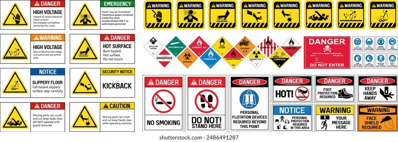 Hazard vector signs, System warning signs, Vector hazardous material signs.