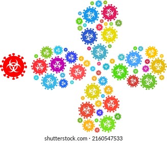 Hazard virus icon colorful exploding flower with four petals composition. Object flower with four petals created from random hazard virus symbols. Vector flower icon collage in flat style.