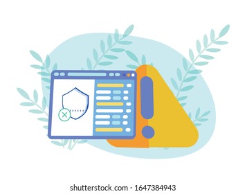 Marca de exclamación de advertencia de peligro y protección de seguridad dañada. Ventana plana sin protector activo. Necesidad de asistencia técnica Idea. Ilustración de corte vectorial. Foliage de las plantas de caricatura