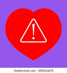 Hazard warning attention sign with exclamation mark symbol. Vector. White icon in red heart at lavender background.