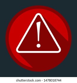 Hazard warning attention sign with exclamation mark symbol. White icon with shadow on round red button at dark cyan background. Illustration.
