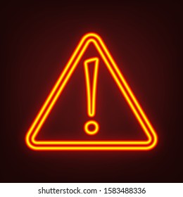 Hazard warning attention sign with exclamation mark symbol. Yellow, orange, red neon icon at dark reddish background. Illumination. Illustration.