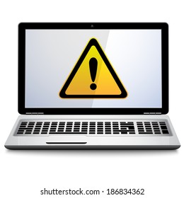 Hazard warning attention sign with exclamation mark symbol on laptop